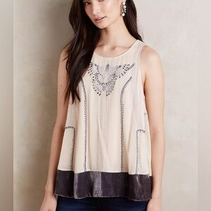 Anthropologie Moulinette Soeurs Art Deco Velvet Trim Beaded Swing Tank Blouse S
